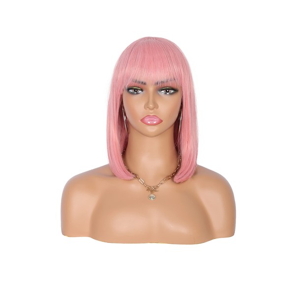 Kalyss 12'' Short Straight Bob Wigs with Hair Bangs for Women Heat Resistant Soft and Natural Luster Yaki Synthetic Hair Pink Wigs