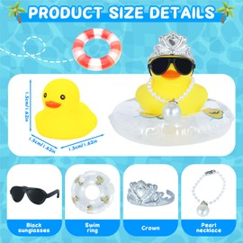 Funny Squeaky Jeeps Duck Ornament Bath Toy with Mini Crown, Necklace, Sunglasses & Swim Ring - Yellow Rubber Duck Decor for Dashboard, Office, Home (Yellow Duck, White Swim Ring)