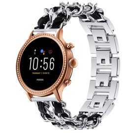 Compatible for Fossil Gen 5 Julianna Band, YOUkei Jewelry Chain Metal Wristband with Leather Compatible for Fossil Gen 5 Julianna Smartwatch (Silver-Black)
