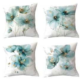 Bicuces 4 Pcs Flowers Pillow Covers, 18x18 Inches Short Velour Throw Pillow Covers, Elegant Watercolor Decorative Cushion Cases Suitable for Sofa Bedroom Living Room Bay Window Office Car Home Decor