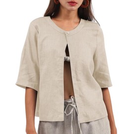 Amazhiyu Women 100% Linen Cropped Cardigan Elbow Sleeve Open Front Cardigan Flax,Medium