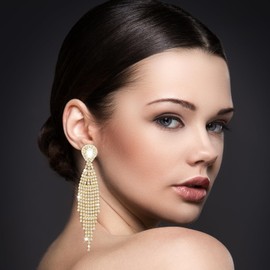 Mintolex Boho Dainty Waterdrop Long Tassel Earrings for Women Sparkling Rhinestone Crystal Setting Womens Fringe Teardrop Earrings Dangling Waterfall Chandelier Dangle Earrings Ladies Jewelry Gifts for Party Prom Statement Wedding Bridal Earrings Gold