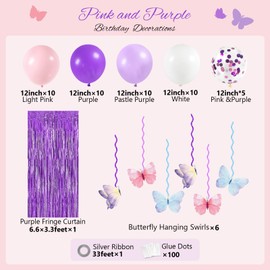 Pink and Purple Birthday Decorations with Birthday Banner,Hanging Swirls,Tissue Paper Pompoms,Circle Dots Tassel Garland,Balloons Fringe Curtain Butterfly Birthday Decorations for Girls Women Kids