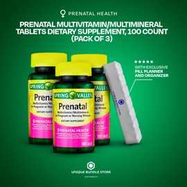 Spring Valley, Prenatal Multivitamin, Multimineral Tablets Dietary Supplement, Prenatals for Women, 100 Count + 7 Day Pill Organizer Included (Pack of 3)