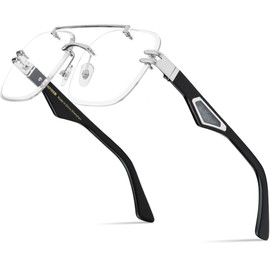 HEPIDEM Really Buffalo Horn Handmade Glasses Frame,Oversize Big Square Rimless Buffs Eyeglasses 0042 (0042 Black Silver)