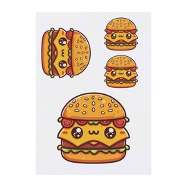 4 x 'Kawaii Cheeseburger' Temporary Tattoos - Water Resistant, Skin-Safe, Non-Toxic Transfers, Mixed Sizes (TO00070680)