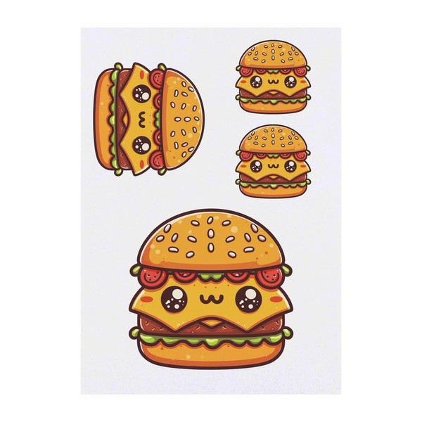 4 x 'Kawaii Cheeseburger' Temporary Tattoos - Water Resistant, Skin-Safe,