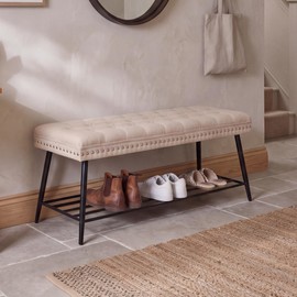 Thick Cushioned Shoe Bench, Entryway Bench with Metal Shoe Rack, Upholstered Tufted Ottoman Bench for Bedroom, End of Bed Bench, Farmhouse Style Storage Bench for Hallway, Living Room