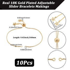 Beebeecraft 10Pcs Adjustable Slider Bracelet Chain 18K Gold Plated Box Chain Bracelet Extender Cubic Zirconia Star End Bolo Bracelets for Jewelry Making DIY Supplies