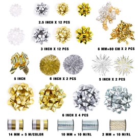 WRAPAHOLIC 40 Pcs Gift Bows Assortment - 28 Assorted Size Gift Bows(Gold&Silver&White), 1 Pull Bow, 2 Tinsel Bows, 2 Fountain Bows, 2 Curly Bows, 4 Curling Ribbons, 1 Cotton Twine