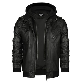 HOOD CREW Men’s Genuine Cowhide Leather Jacket Black Hooded Motorcycle Biker Jacket for Men