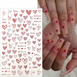 8 Sheets Heart Nail Art Stickers Love Hearts Nail Decals 3D Self-Adhesive Red Love Heart Designs Stickers Charms Supplies Valentine's Day Acrylic Nails DIY Manicure Decoration Kit for Women and Girls