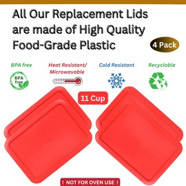 Klare Ware 11 Cup Rectangle Replacement Lids/Covers for Pyrex, Anchor Hocking & KlareWare Storage Bowls *Lids Only -Glass Container Not Included*, 4 Pack, Red