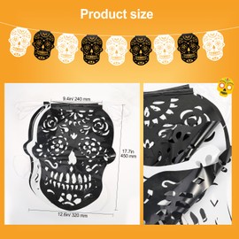 HOWAF 2 Pcs Plastic Papel Picado Day of The Dead Skull Bunting Banner Mexican Fiesta Banners Halloween Dia De Los Muertos Black White Skull Bunting Banner for Cinco De Mayo Decorations