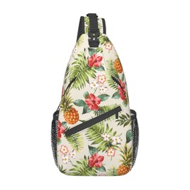 NISENASU Tropical Pineapple Sling Bag Crossbody Backpack,Hawaiian Pineapples Seamless Pattern Tropical Palm Leaves And Flowers Chest Bag Adjustable Shoulder Backpack Travel Daypack