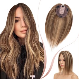 Elailite Hair Topper, Real Hair, Toupee, Women, Clip-In Hairpiece, Hair Topper Base, 10 x 12 cm, 30 cm, #4P27 Medium Brown/Honey Blonde