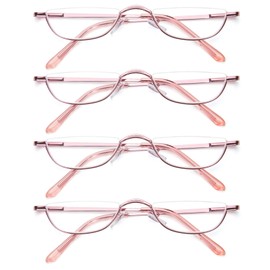 KoKoBin Half Reading Glasses,4 Pack Half Rim Metal Frame Glasses Spring Hinge Readers with Leather Pouch for Men and Women (Pink,1.00)