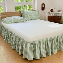 Green Gingham Wrap Around Ruffled Bed Skirt with Lace Decor, Plaid Grid Adjustable Elastic Dust Ruffles for Queen Bed, 15 Inch Drop Farmhouse Cottage Pleated Bed Frame Cover(Green Gingham, Queen)
