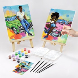 Nuberlic Couples Painting Kit Date Night Afro Couples with Cool Car Sip and Paint Kit for Adults Pre Drawn Canvas for Painting for Adult Love Pre Drawn Stretched Canvas Kit Art Set 2 Pack 8"x10"