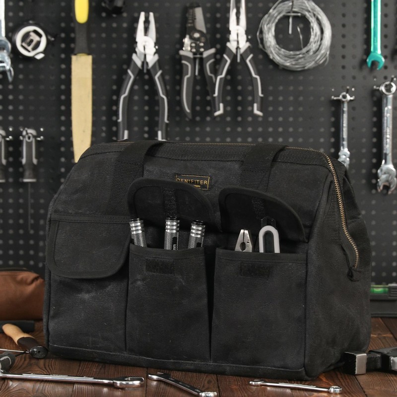 Heavy-Duty 16oz Waxed Canvas Tool Tote with Zipper, Multi-Purpose Organizer