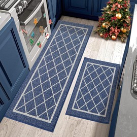 BEQHAUSE-Kitchen-Rugs-Washable-Kitchen-Mats-for-Floor Non-Slip Kitchen Mats Set of 2 Absorbent Kitchen Runner Navy Blue with TPR Backing 24x35inch/24x60inch
