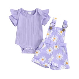 Rtnnsbbfcm Newborn Baby Girl Clothes Summer Outfit Short Sleeve Ribbed Romper Floral Suspender Overalls Shorts Set (Purple, 12-18 Months)