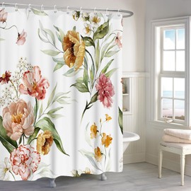 Renaiss 72x72 Inch Vintage Floral Shower Curtain Watercolor Flowers Blossom Green Leaves Shower Curtains for Bathroom Wildflowers Botanical Bath Curtain Waterproof Polyester with Hooks
