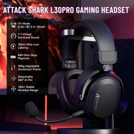 ATTACK SHARK L30 PRO Wireless Gaming Headset,7.1 Surround Sound, 50mm Drivers,20ms Low Latency,Detachable Noise-Canceling Mic, Aluminum Alloy Frame,Tri-Mode Connectivity Over-Ear Headset-Black
