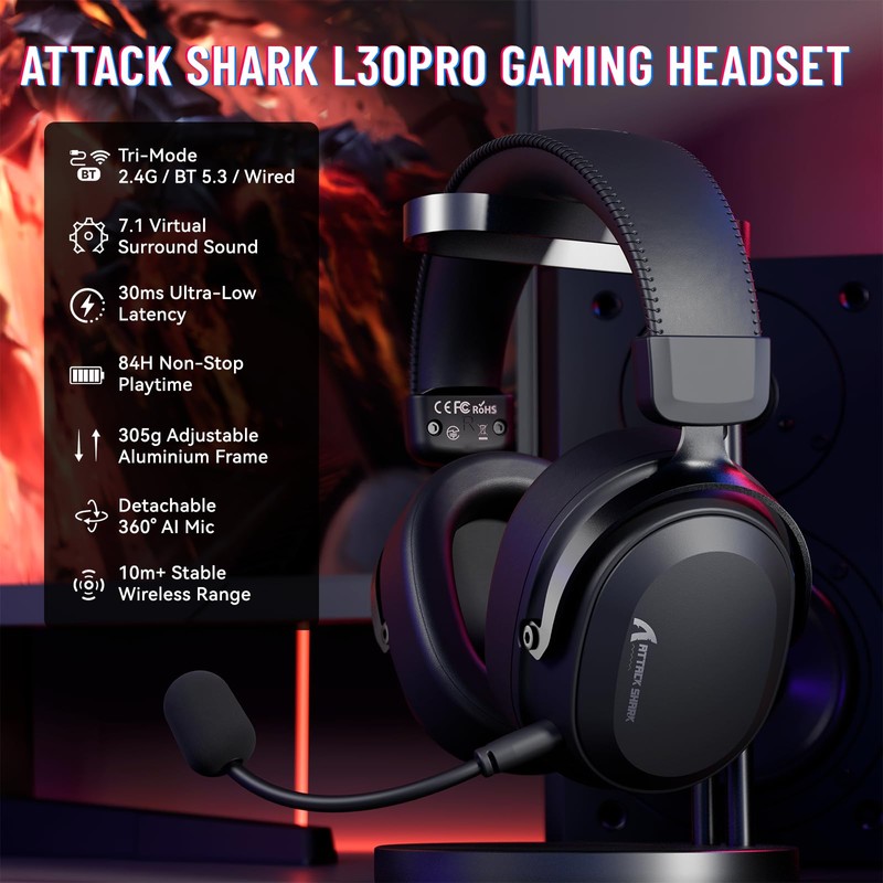 ATTACK SHARK L30 PRO Wireless Gaming Headset,7.1 Surround Sound, 50mm
