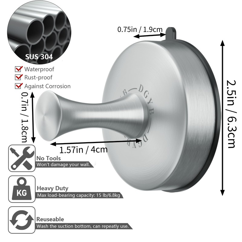 DGYB Suction Cup Hooks for Shower 2-Pcs Heavy-Duty 15LB Max