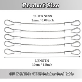 Stainless Steel Cable with Loops, Vinyl Coated Wire Rope Lanyard Lock Security Chains for Outdoor Gates, Stage Lighting, Luggage Lock Wire Rope with Loops 2mm Thickness 12inch Length - 10 Packs