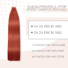 Tape in Hair Extensions Human Hair 20pcs Remy Hair Extensions 18 Inch Copper Straight Invisible Human Hair Tape in Extensions Skin Weft Tape Extensions Human Hair (350#,18 Inch)