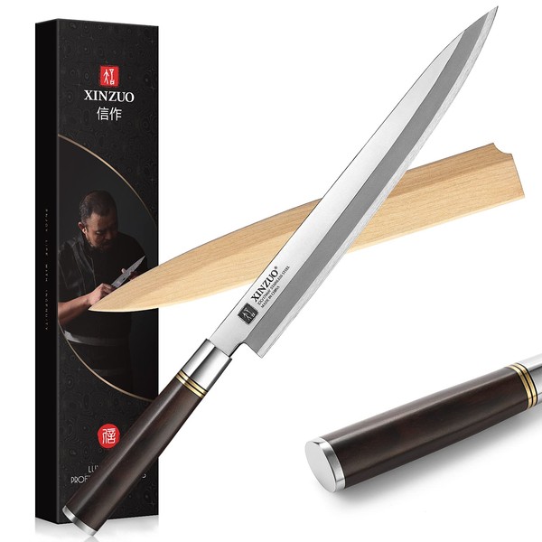 XINZUO Yanagiba X7Cr17MoV Stainless Steel Sashimi Sushi Knife Single Bevel Blade Chef's Knife Professional Fish Knife Ebony Handle with Birch Wood Sheath 27 cm
