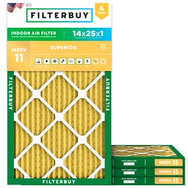 Filterbuy 14x25x1 Air Filter MERV 11 Superior Pet & Allergy Defense (4-Pack), Electrostatic Pleated HVAC AC Furnace Filters Replacement, Made in USA (Actual Size: 13.50 x 24.50 x 0.75)