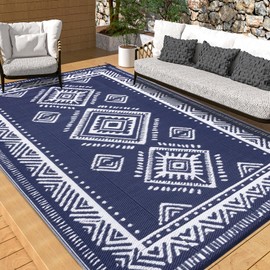 OMERAI Outdoor Rug 5x8 ft, Reversible Outdoor Plastic Straw Rug Vintage Rug Outdoor Patio Rug Waterproof RV Mat Carpet, Indoor Area Rugs for Camping Deck Balcony Picnic Beach, Blue & White