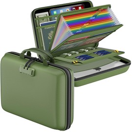 DocSafe Fireproof File Organizer with Lock, Hard-Shell Case Fireproof Document Box with 13 Pocket Accordion File Folder, Portable Home Office Travel Safe Storage for Important Documents Laptop Green