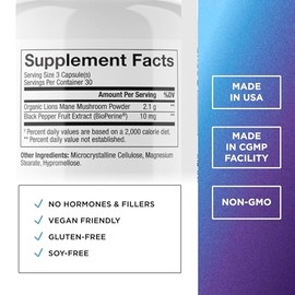 Dr. Emil Nutrition - Cápsula de hongo de melena de león con potenciadores de absorción, potente suplemento cerebral nootrópico y soporte inmunológico 