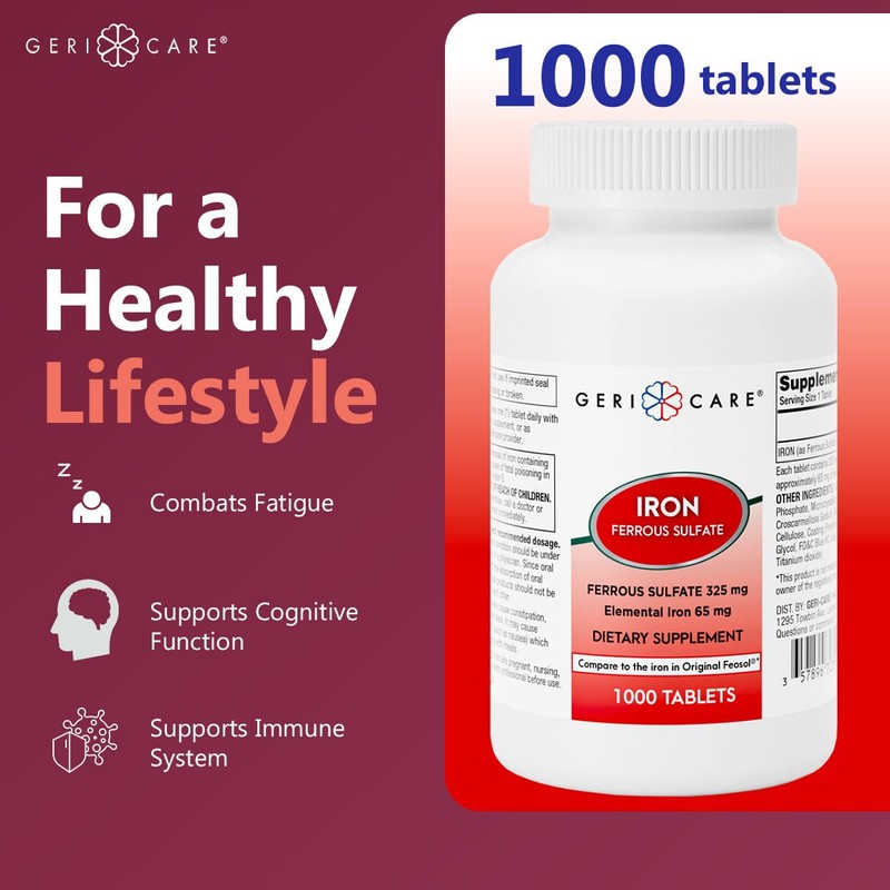 GeriCare Ferrous Sulfate Tablets 325mg, Elemental Iron 65 mg High