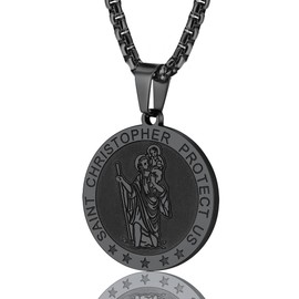 Saint Christopher Shield Necklace Black Stainless Steel Patron Round Medal Pendant Chain Religious Jewelry Women Men