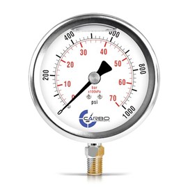 CARBO Instruments 4" Pressure Gauge, Stainless Steel Case, Chrome Plated Brass Connection, Liquid Filled, 0-1000 psi/kPa, Lower Mount 1/4" NPT