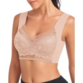 WOWENY Seamless Mesh Lace Bras for Women Wirefree Comfortable Padded Soft Back Smoothing Bra(Sleep Bra Nude(NO Support), Medium)