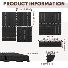 GOOFCXO 44 PCS Interlocking Deck Tiles, 12"x12" Plastic Outdoor Patio Flooring Boards 44 Sq.Ft. All Weather Use Patio Floor Decking Tiles Waterproof Non-Slip for Pool Porch Balcony Backyard