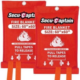 SecuCaptain Emergency Fire Blanket for Home - 2 Pack 60"x60" X-Large Flame Retardant Blankets with Fireproof Tabs for House Camping Kitchen Fire Protection Survival Safety