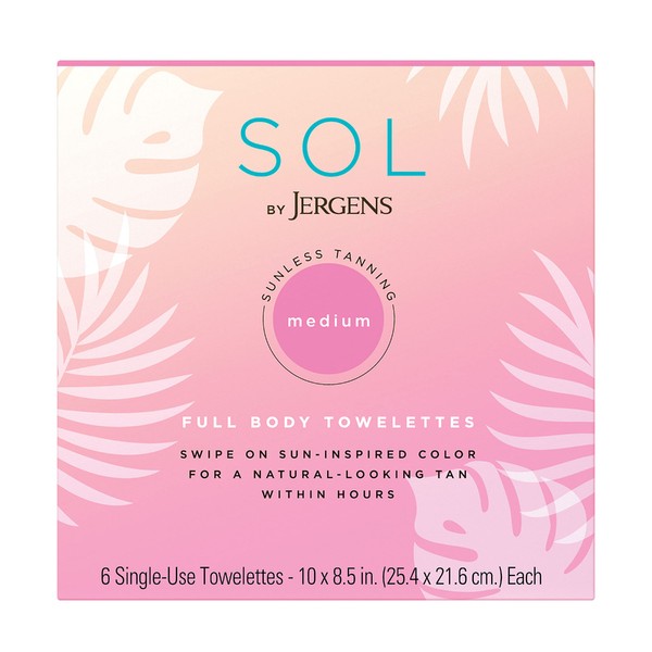 SOL by Jergens Full Body Self Tanner Towelettes, Streak-free Natural-Looking Sunless Tanning Wipes, 6 Count, Infused with Coconut Water and Vitamin E, Sun-inspired Color in 4 Hours