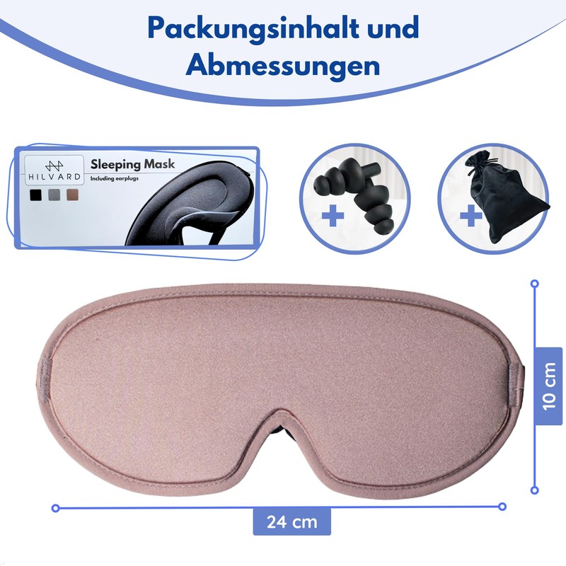 Hilvard Schlafmaske, Augenmask, inklusive Schlaf-Ohrstöpsel, 100% Verdunkelung, verstellbar, ergonomisch, Rosa