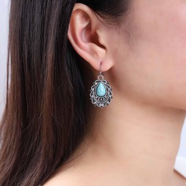 Cimenexe Bohemian Teardrop Turquoise Earrings Silver Filigree Turquoise Earrings Teardrop Turquoise Stone Earrings Tribal Turquoise Hook Earrings Jewellery for Women and Girls Gifts, Zinc, No Gemstone
