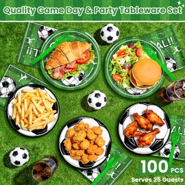 100 Pcs Soccer Paper Plates and Napkins Disposable for Party, 25-9"&25-7"