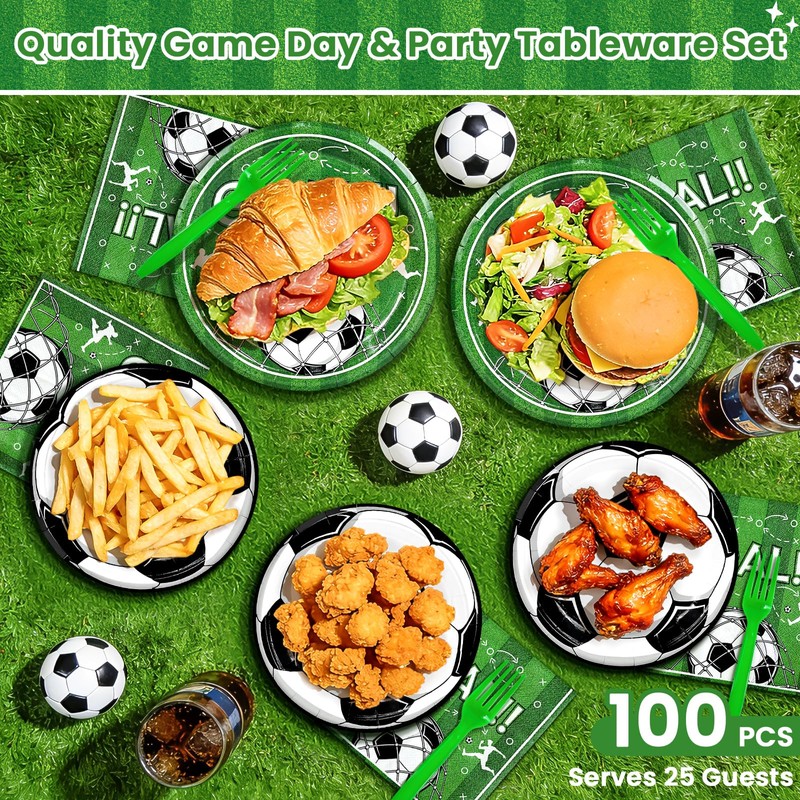 100 Pcs Soccer Paper Plates and Napkins Disposable for Party,
