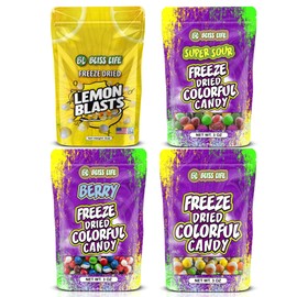 Bundle of Bliss Life Freeze-Dried Candy Variety Pack - Lemon Blasts, Coloful Candy, Coloful Candy Super Sour and Coloful Candy Berry - 4-Pack Bundle - BundlBees