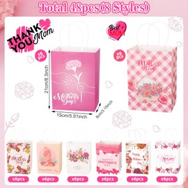 FULJOOY 48PCS Happy Mother's Day Gift Bags Thick with Handle Pink Floral Paper Goodie Bag Assorted Designs Bulk for Party Decorations Gifts Wrapping Supplies Mothers Theme Party Favors Treat Gift Wrap